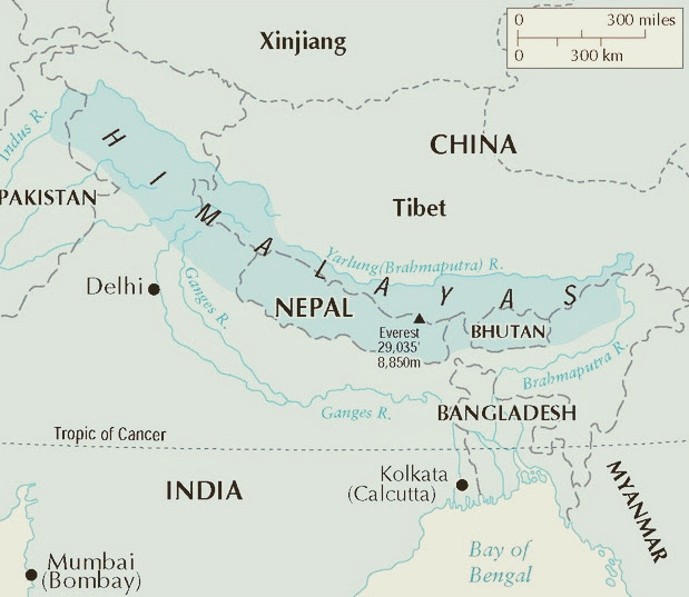 Himalayas on the World Map and map of India